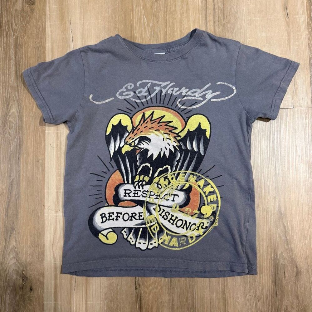 Vintage Ed Hardy Kids Eagle Shirt Gray Size 8 Y2K Festival Tattoo Grunge Y2K Alt